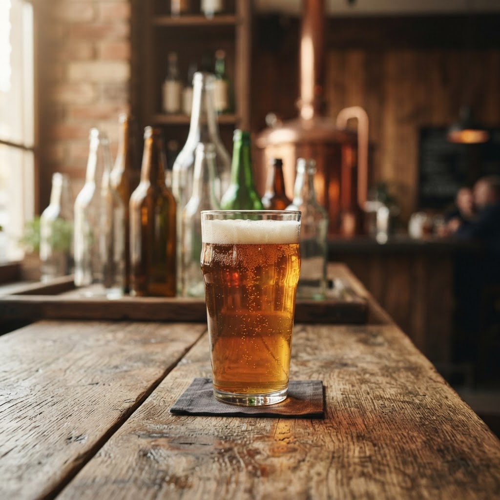 An amber craft beer in an elegant glass on a rustic wooden bar