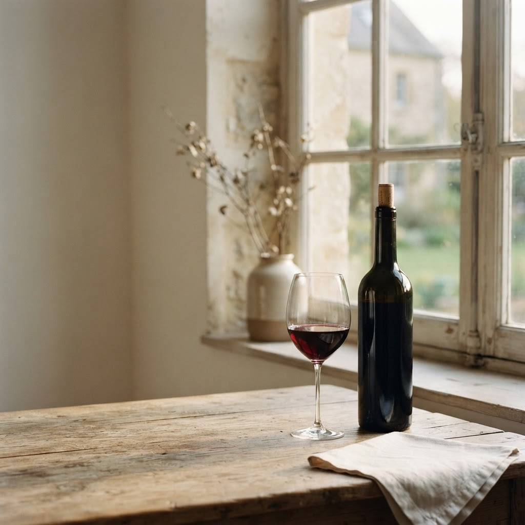 A glass of red wine and an elegant bottle on a wooden table in warm morning light