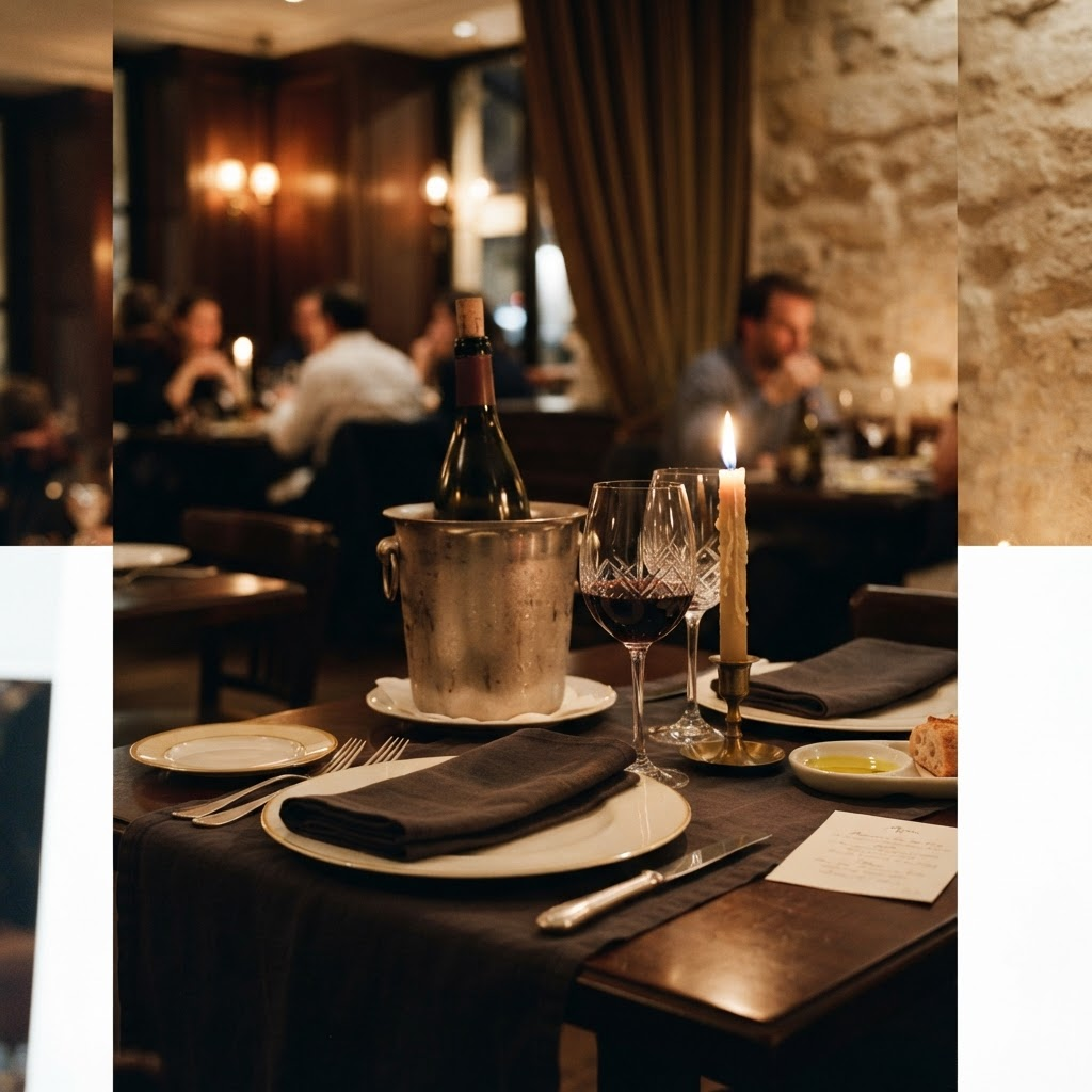 An elegant restaurant table set for wine service in warm candlelight