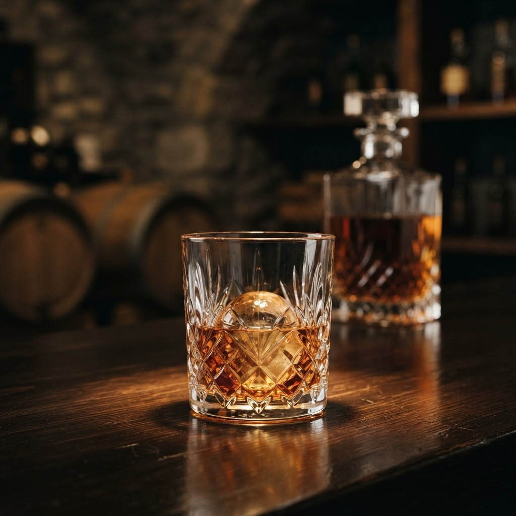 An amber spirit in a crystal tumbler under a warm spotlight